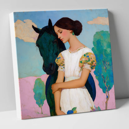 Quiet Colourful Bond horse & rider canvas wall art