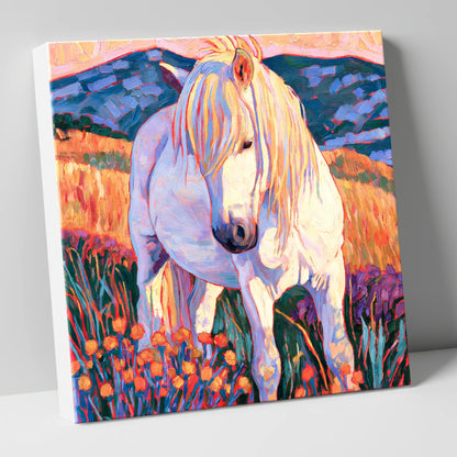 White Horse Among Orange Wildflowers horse breed canvas wall art