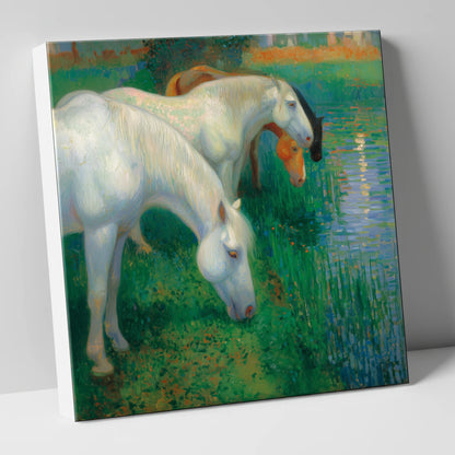 Luminous Riverside Grazing horse landscape canvas wall art