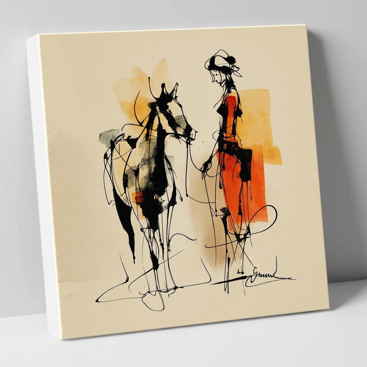Tethered in Amber horse & rider canvas wall art