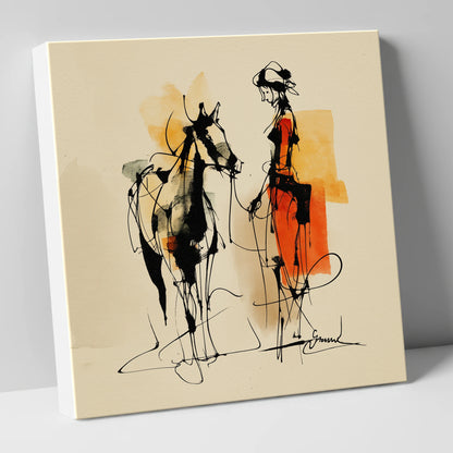Tethered in Amber horse & rider canvas wall art