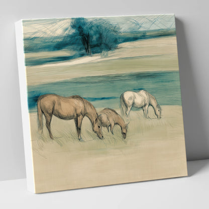 Tranquil Teal Pastures mare & foal canvas wall art