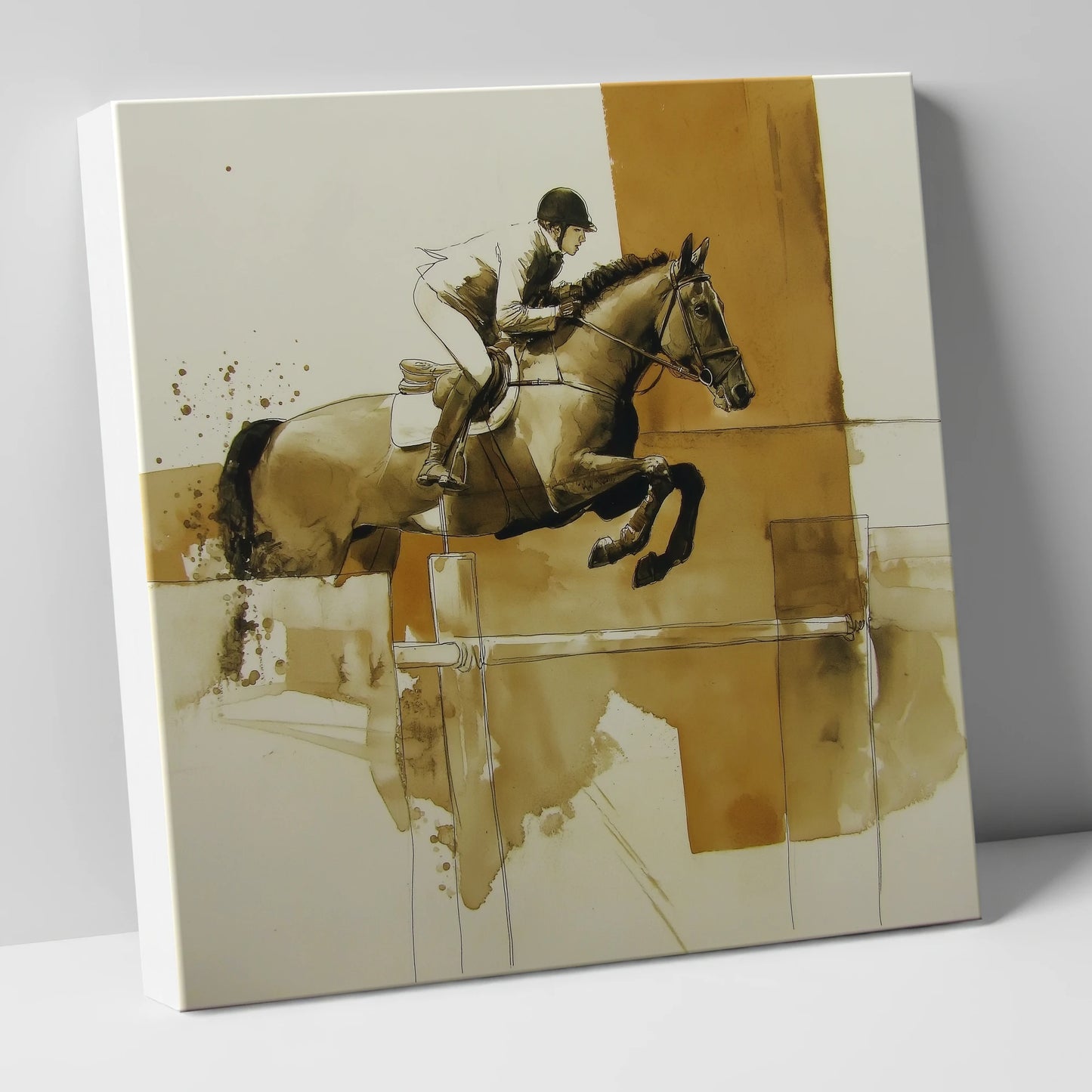 Airborne in Sepia show jumping horse canvas wall art