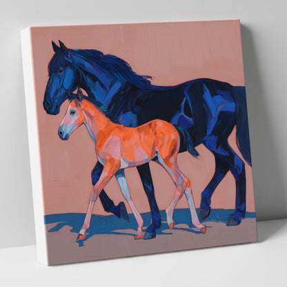 Cobalt and Coral mare & foal canvas wall art