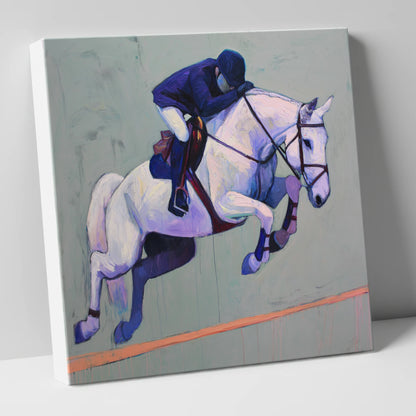 Suspended in Blue show jumping horse canvas wall art