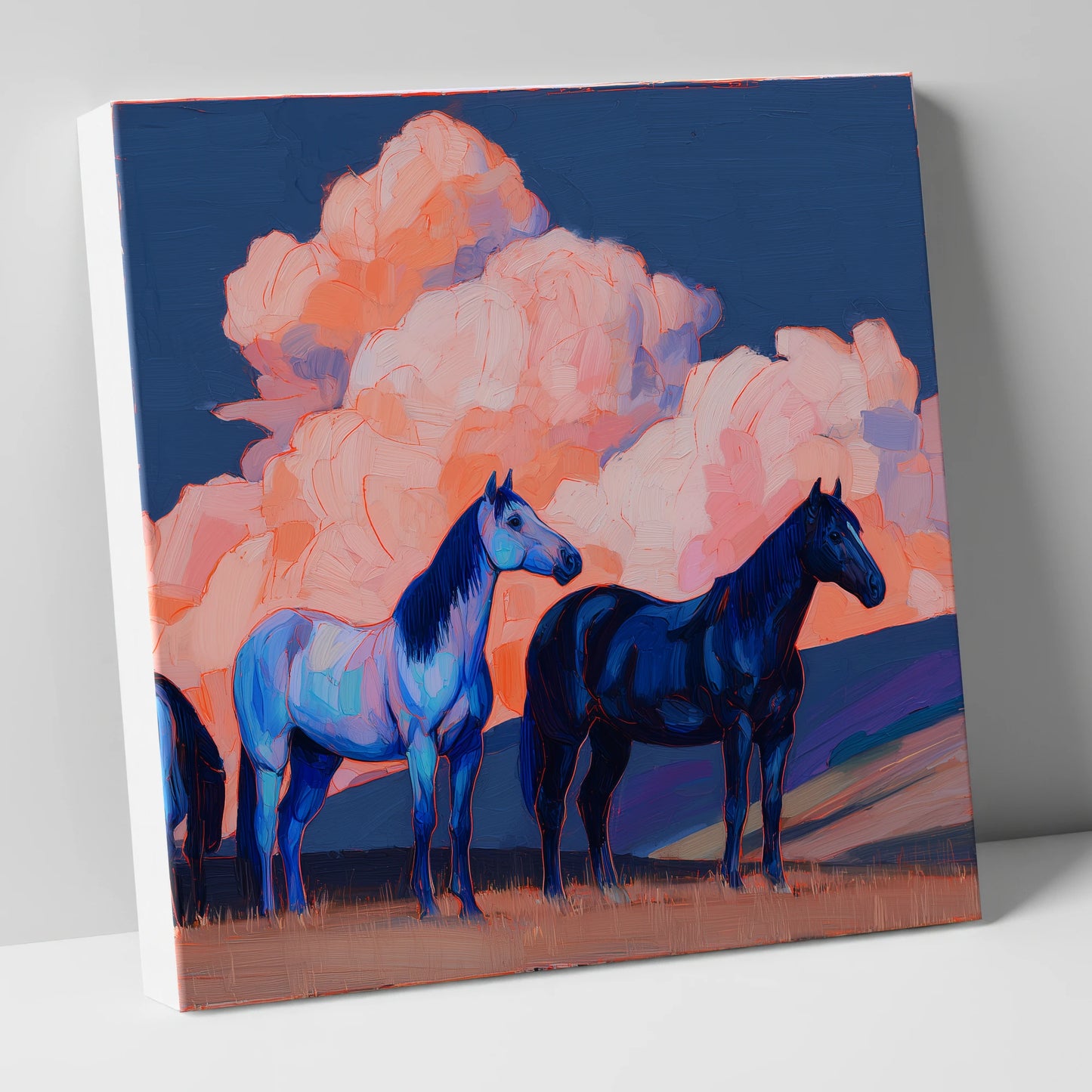 Indigo Horses Beneath Pastel Skies horse landscape canvas wall art