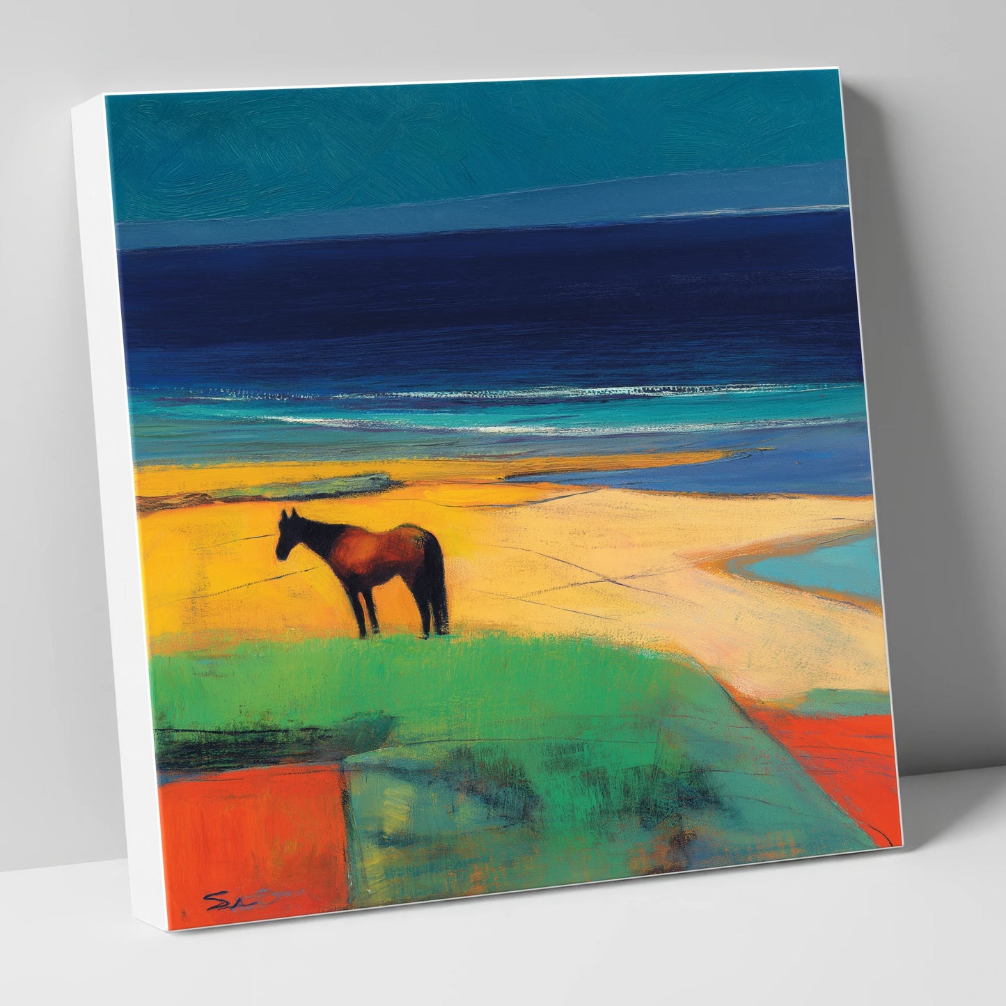 Vibrant Coastal Solitude horse landscape canvas wall art