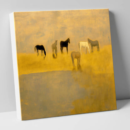 Golden Haze Grazing wild horses canvas wall art