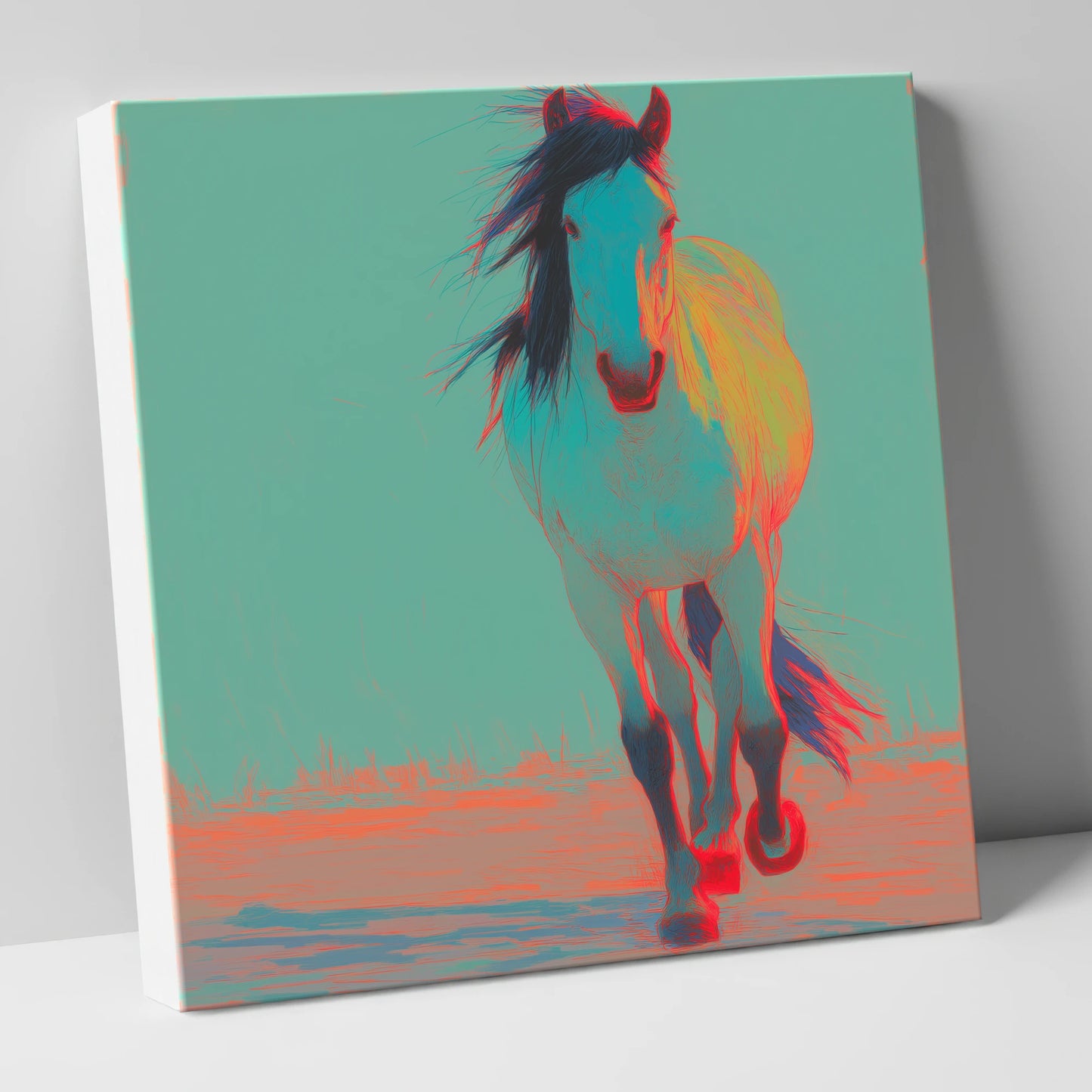 Electric Cyan Stride horse portrait canvas wall art