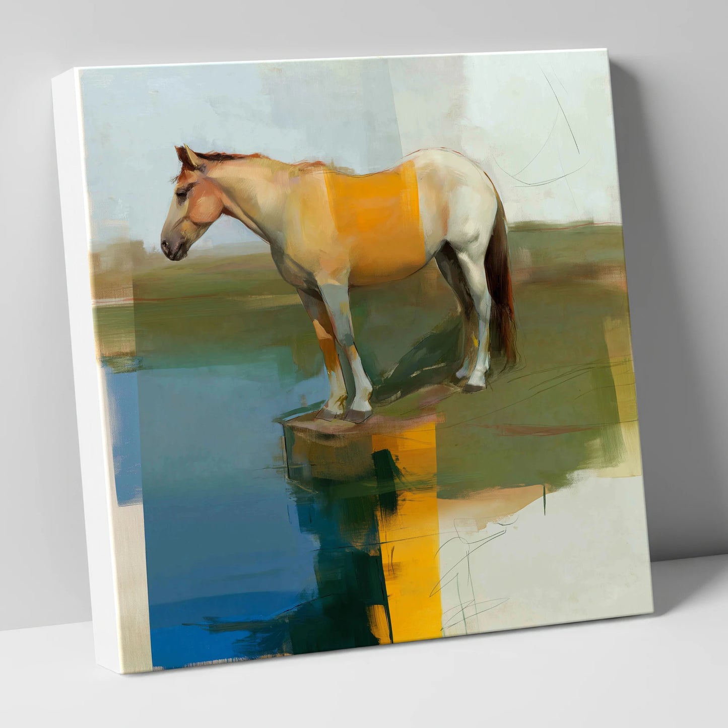 Geometric Waterside Reflection horse landscape canvas wall art