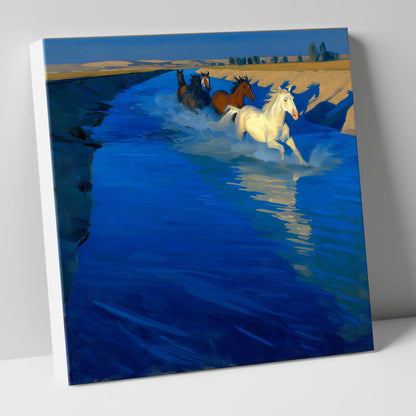 Azure Water Crossing wild horses canvas wall art