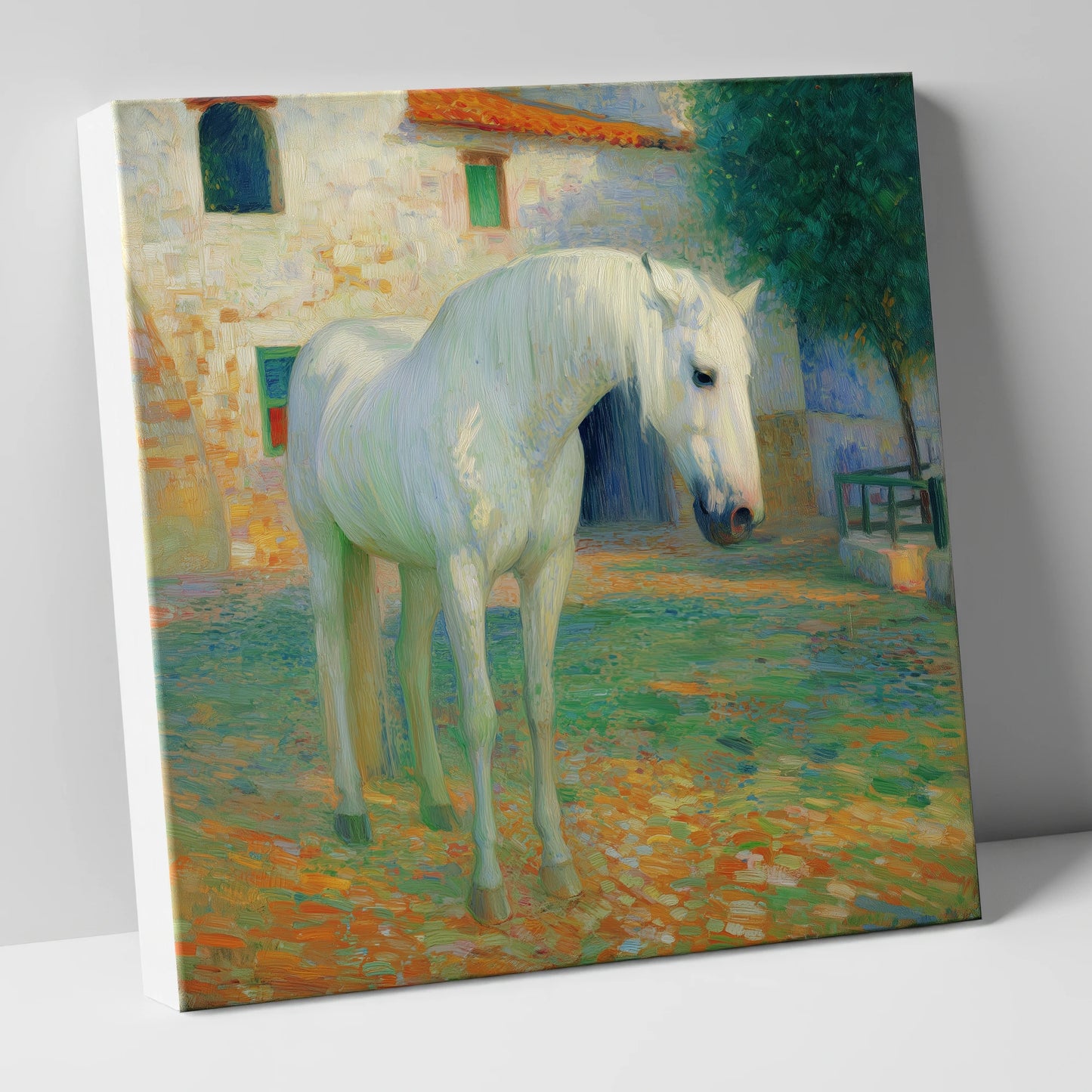 Sunlit Courtyard Grey horse breed canvas wall art