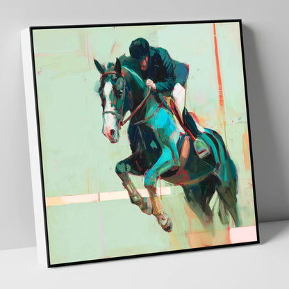 Airborne in Teal show jumping horse canvas wall art