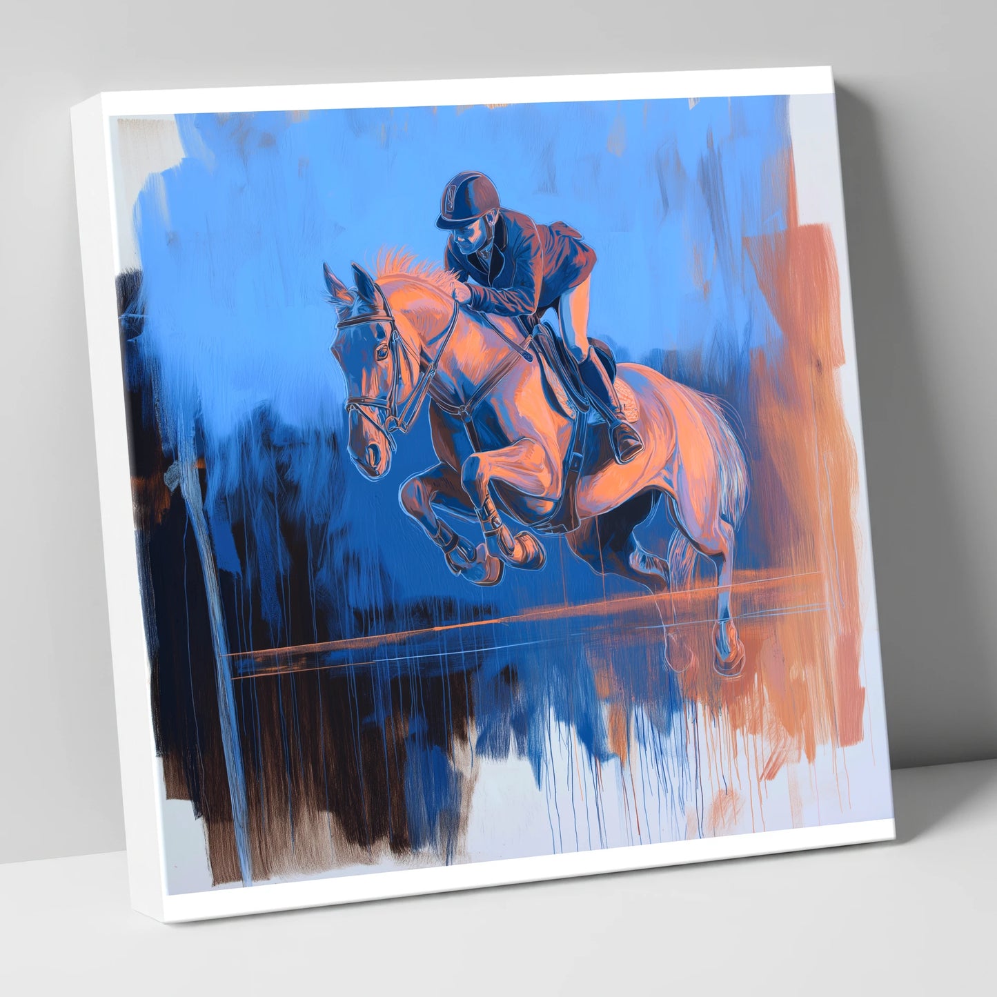 Suspended Over Cobalt show jumping horse canvas wall art