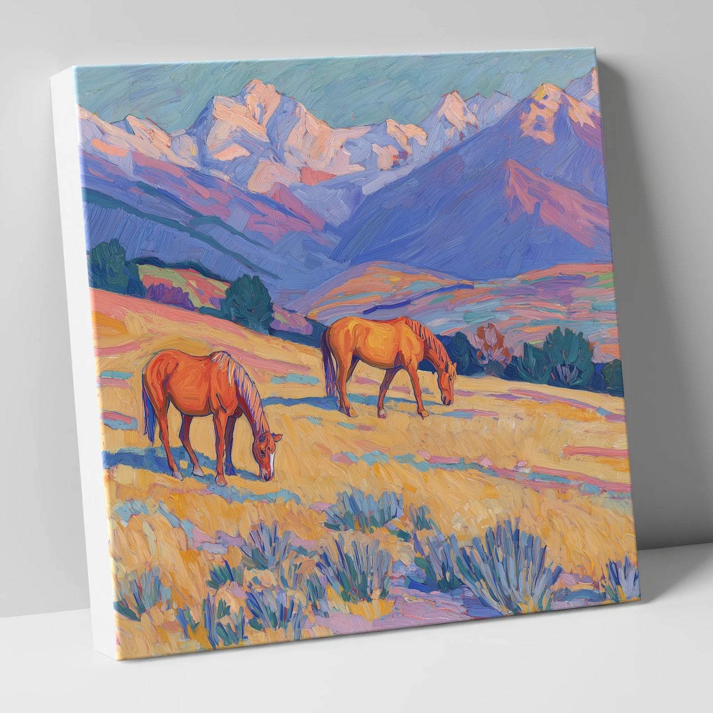 Grazing Beneath Violet Peaks horse landscape canvas wall art