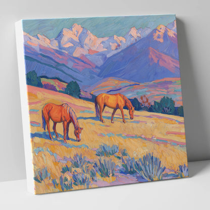 Grazing Beneath Violet Peaks horse landscape canvas wall art