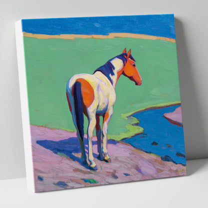 Vibrant Skewbald By The River horse breed canvas wall art