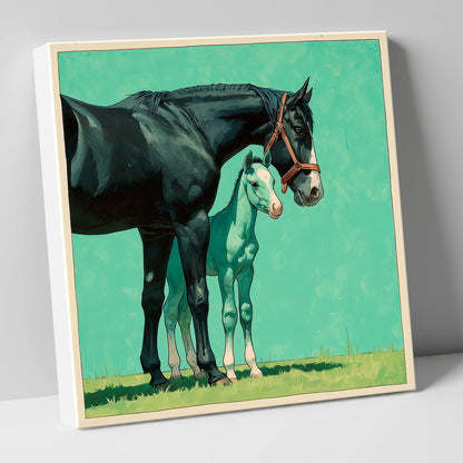 Bond in Vivid Teal mare & foal canvas wall art