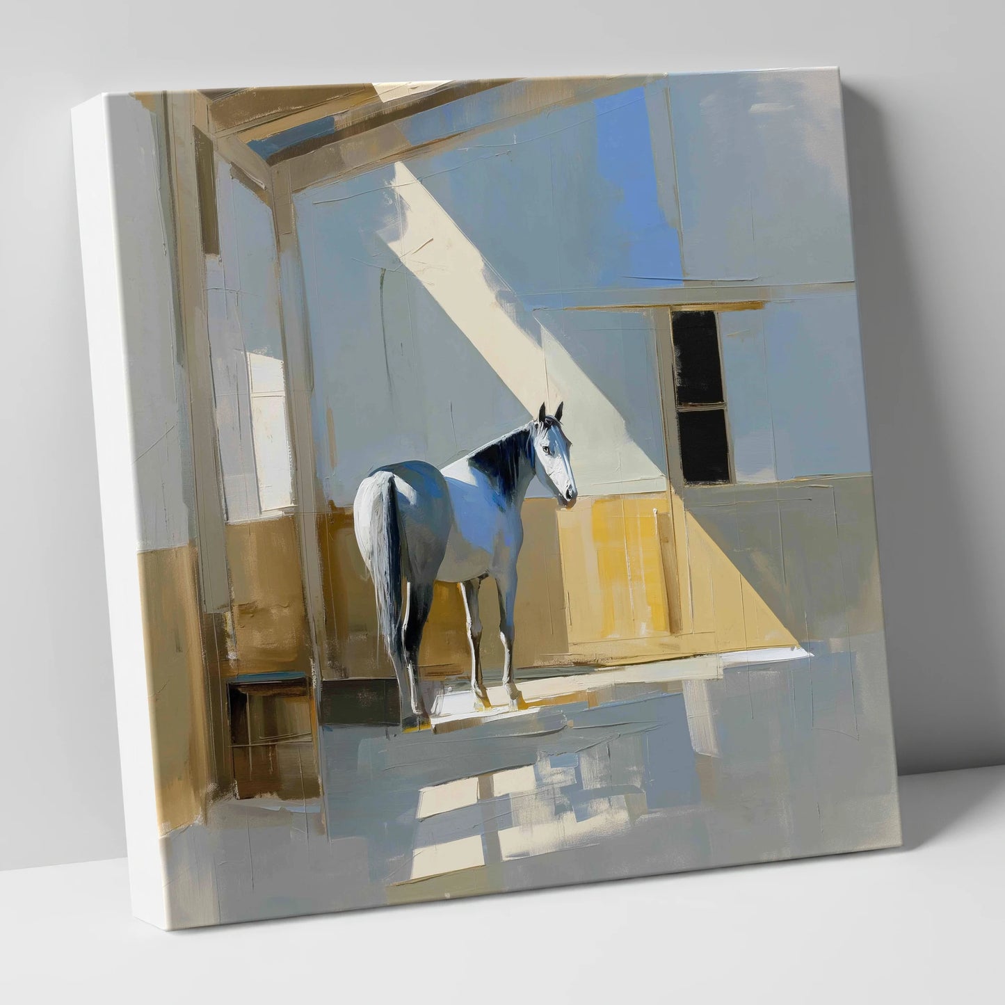 The Sunlit Grey horse stable canvas wall art