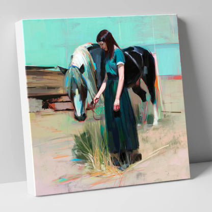 Stillness in Teal horse & rider canvas wall art