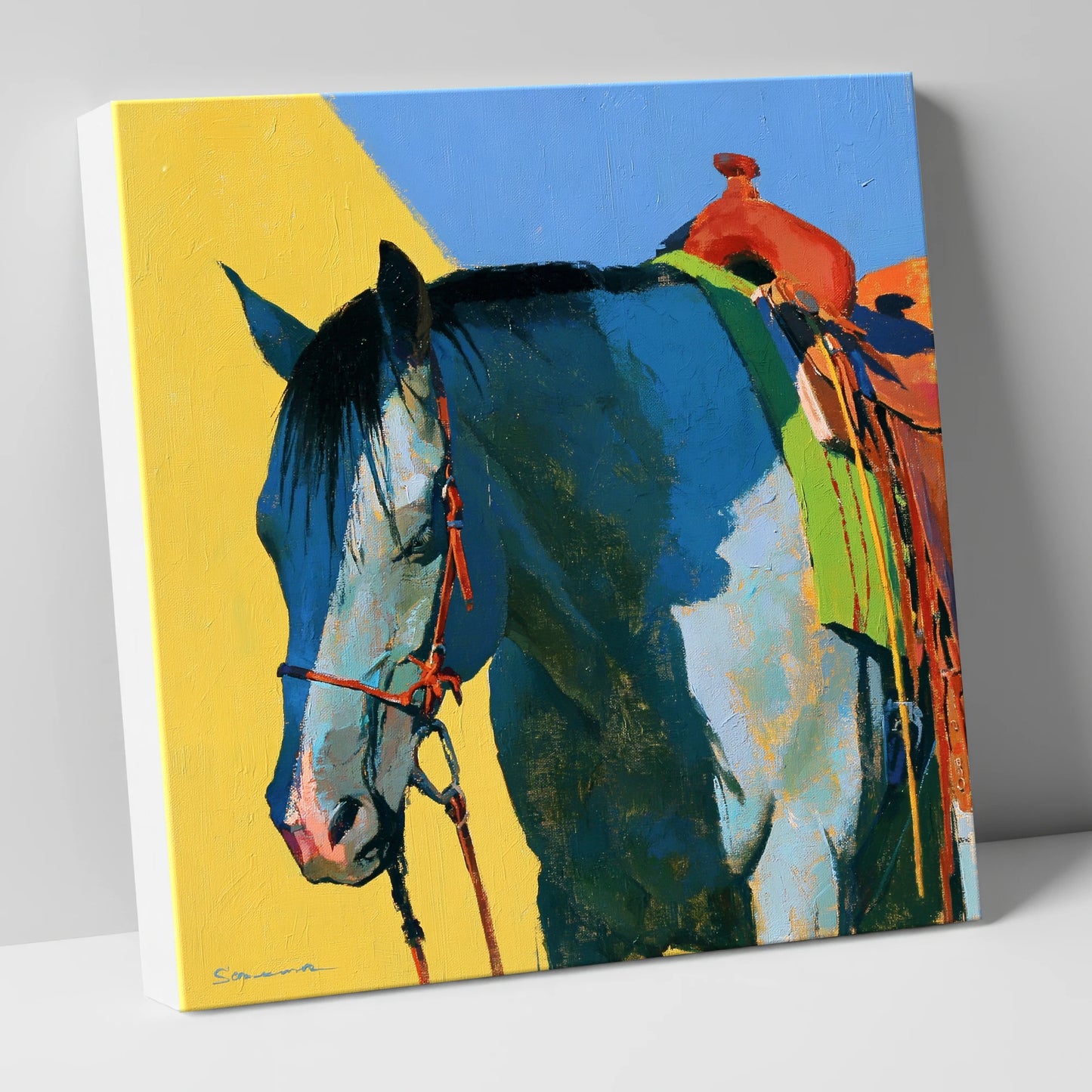 Western Horse in Blue and Yellow horse breed canvas wall art
