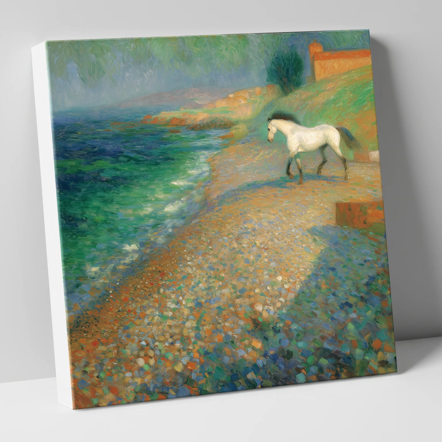 Vibrant Coastal Grey horse landscape canvas wall art