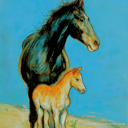 Cerulean Bond - mare & foal art print and canvas by Cecily Warwick A.I