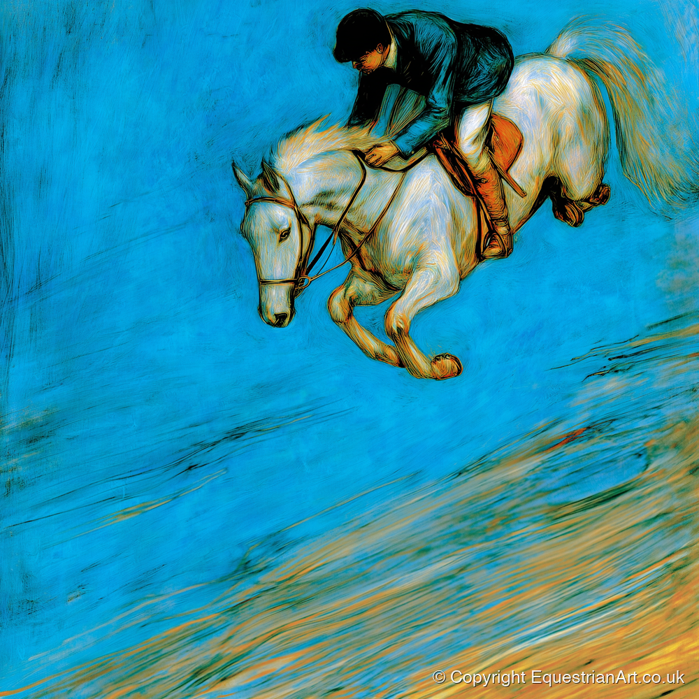 Cerulean Flight - show jumping horse art print and canvas by Cecily Warwick A.I
