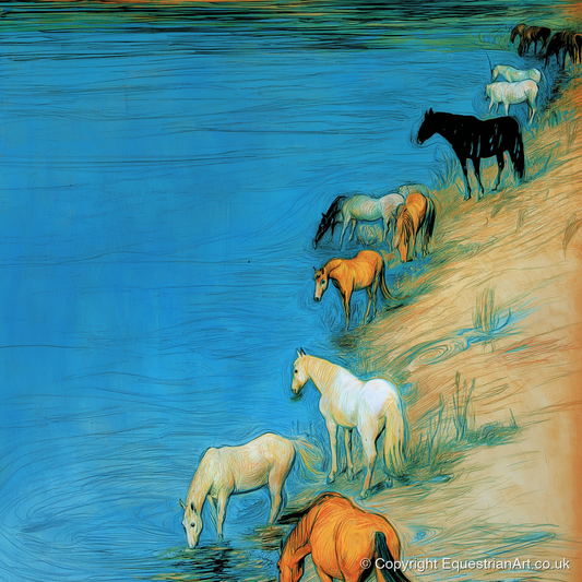 Cerulean River Herd - wild horses art print and canvas by Cecily Warwick A.I