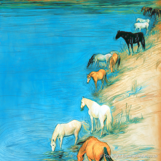 Cerulean River Herd - wild horses art print and canvas by Cecily Warwick A.I