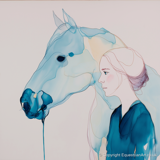 Cerulean Soulmates - horse & rider art print and canvas by Audrey Fontaine A.I
