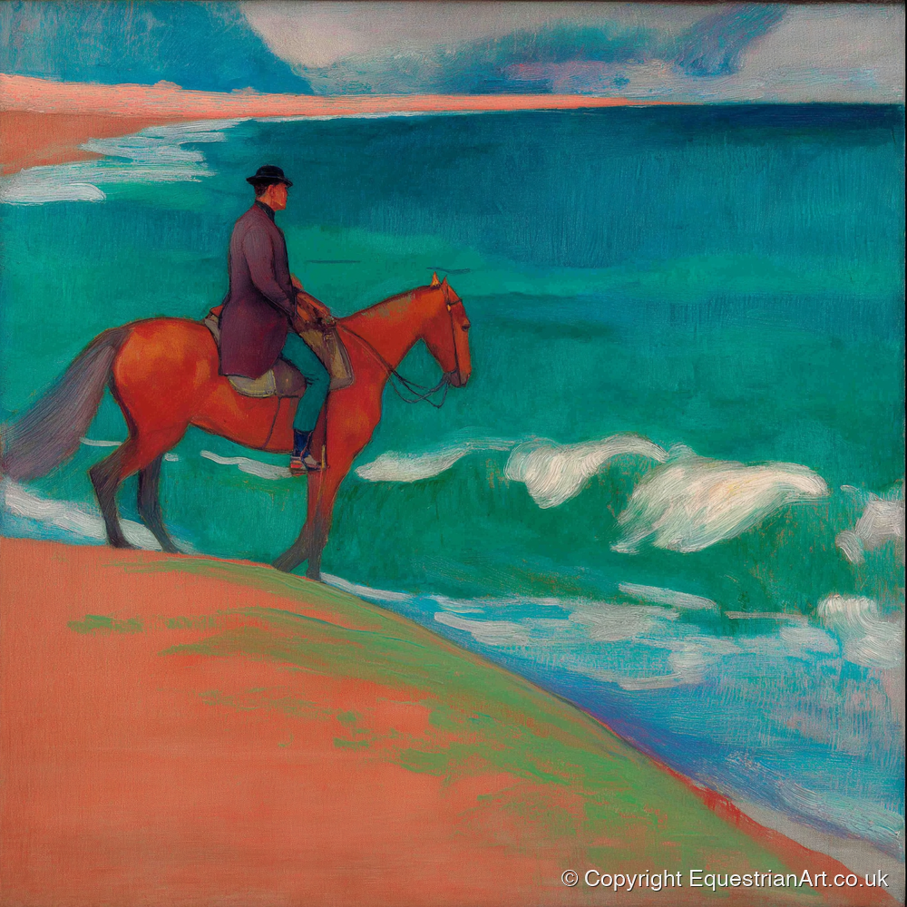 Chestnut By The Emerald Shore - horse landscape art print and canvas by Lawrence Gable A.I