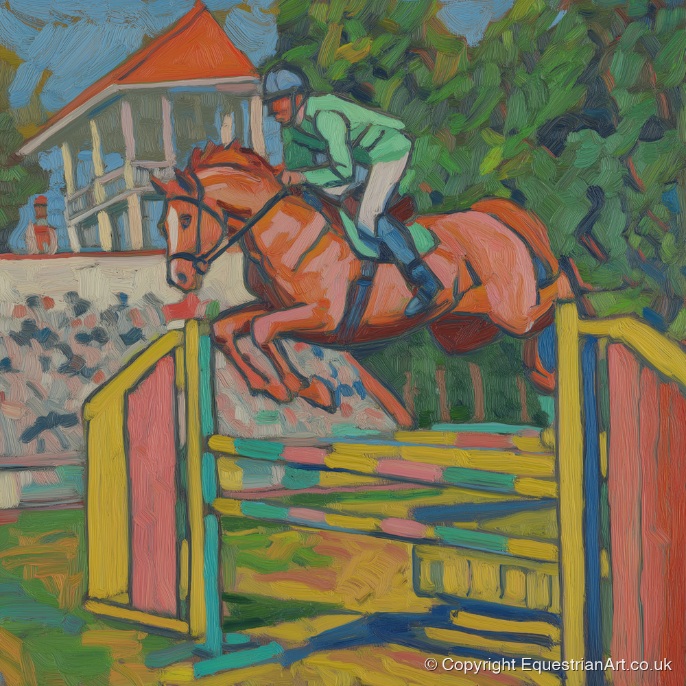 Clearing the Colours - show jumping horse art print and canvas by Mirabel Carlyle A.I