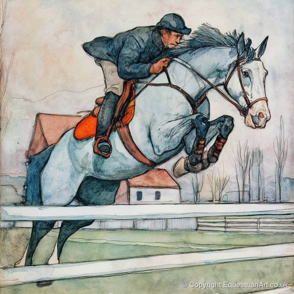 Clearing the Rails - show jumping horse art print and canvas by Geoffrey Talbot A.I