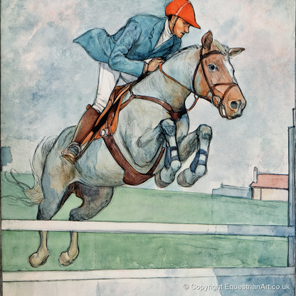 Clearing the White Rail - show jumping horse art print and canvas by Geoffrey Talbot A.I