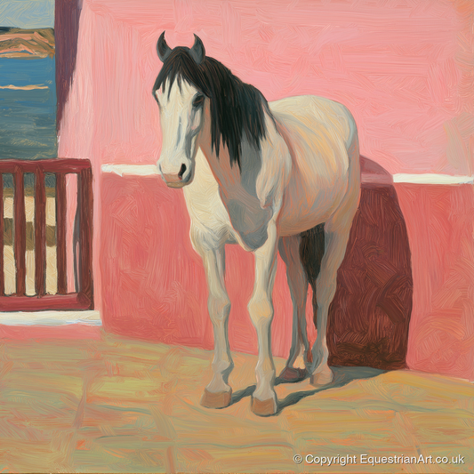 Coastal Courtyard Grey - horse breed art print and canvas by Florence Hadley A.I