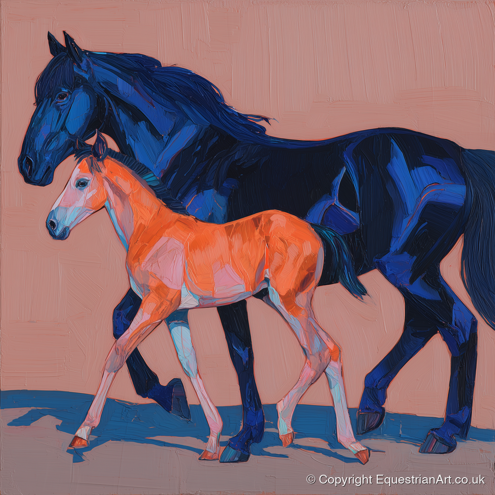 Cobalt and Coral - mare & foal art print and canvas by Evander Winslow A.I