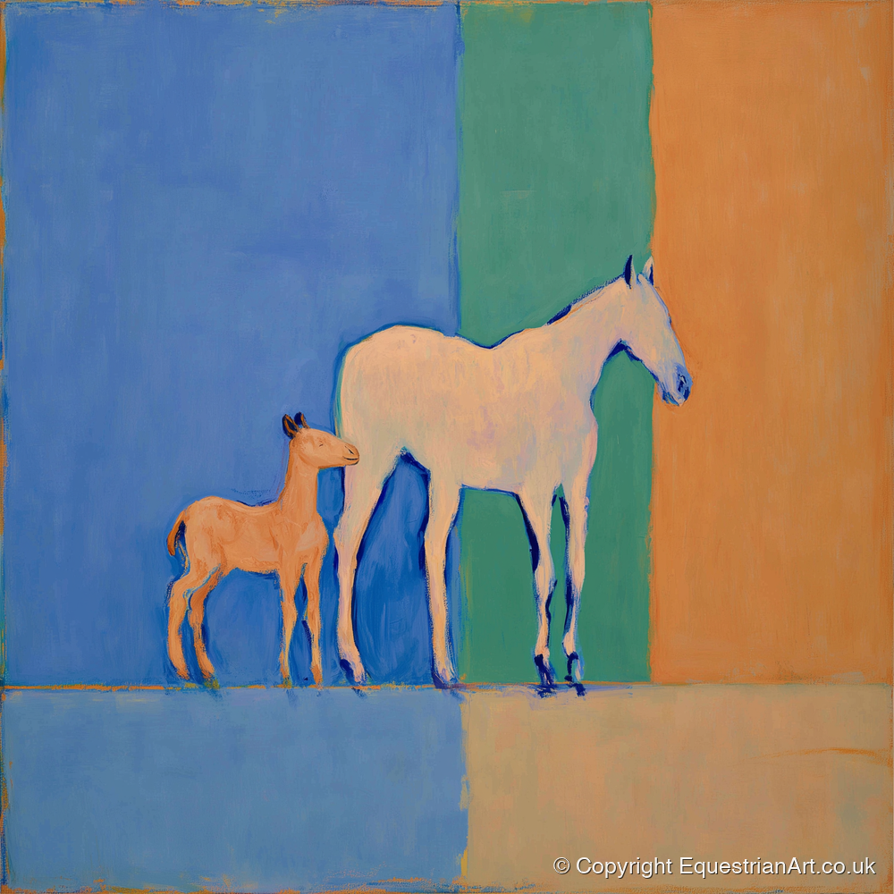Cobalt and Terracotta Bond - mare & foal art print and canvas by Lydia Thornton A.I