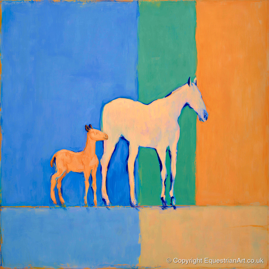 Cobalt and Terracotta Bond - mare & foal art print and canvas by Lydia Thornton A.I