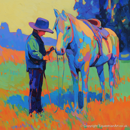 Cobalt Connection - horse & rider art print and canvas by Jonathan Crawford A.I