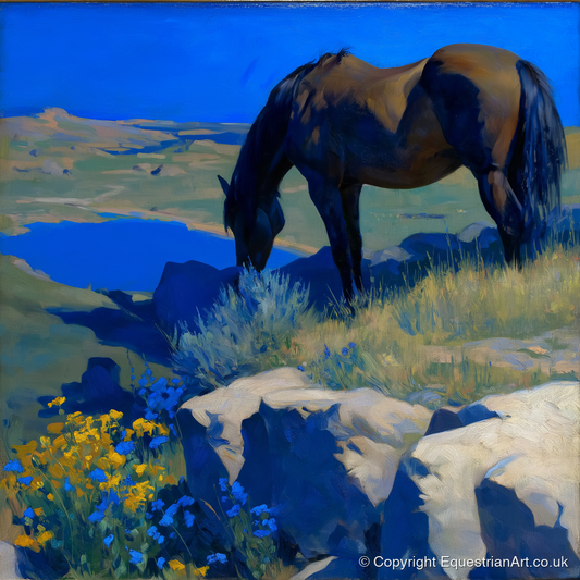 Cobalt Horizon Grazing - horse landscape art print and canvas by Percival Kent A.I