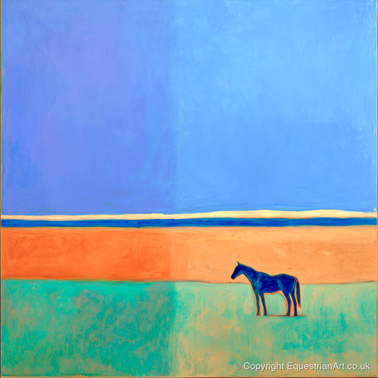 Cobalt Horizon - horse landscape art print and canvas by Lydia Thornton A.I