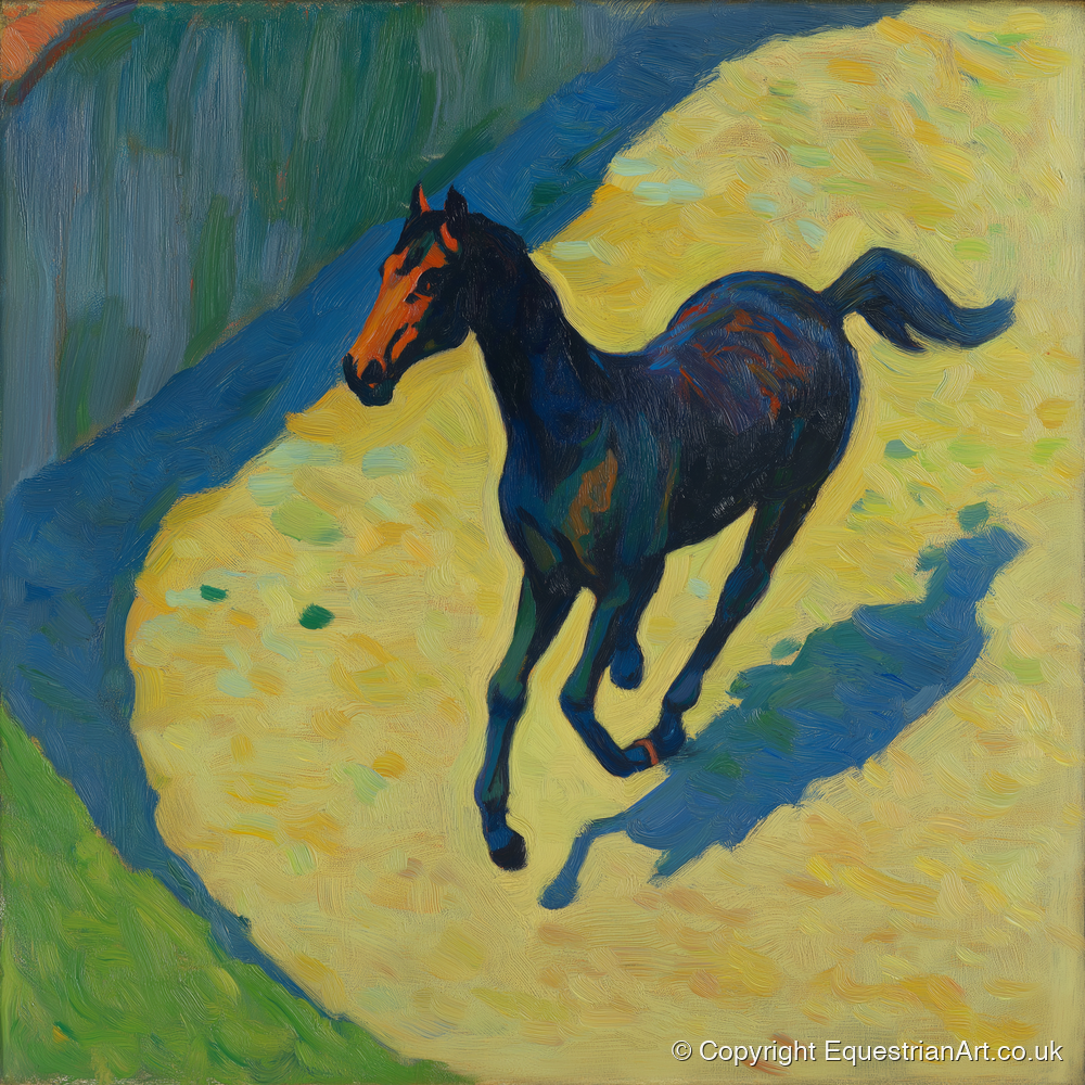 Cobalt Shadow Gallop - racing horse art print and canvas by Rowan Sinclair A.I