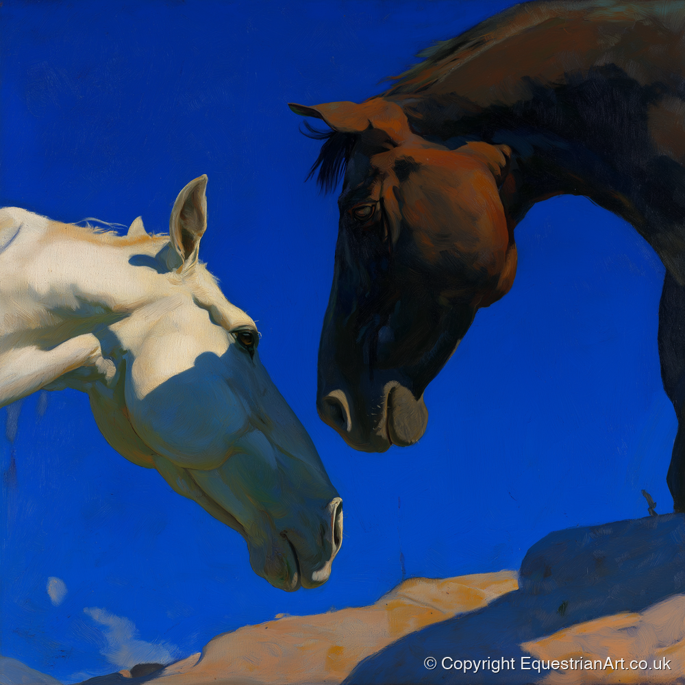 Cobalt Sky Companions - horse portrait art print and canvas by Percival Kent A.I
