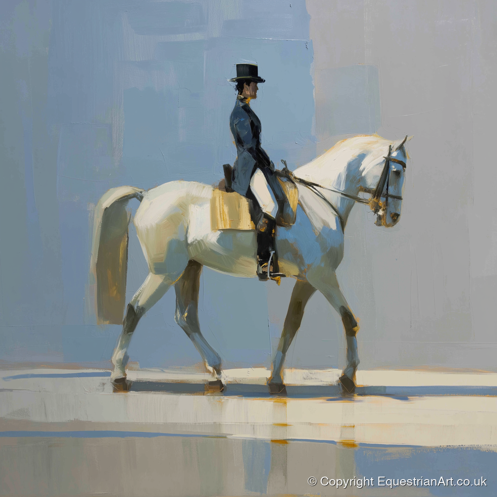 Collected Grace in Blue - dressage horse art print and canvas by Elias Thorne A.I
