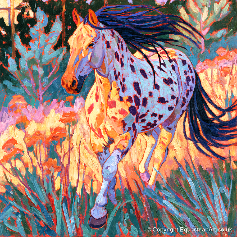 Colourful Appaloosa at Canter - horse breed art print and canvas by Celia Harding A.I