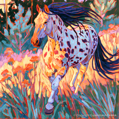 Colourful Appaloosa at Canter - horse breed art print and canvas by Celia Harding A.I