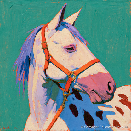 Colourful Appaloosa on Teal Background - horse breed art print and canvas by Marshall Davies A.I