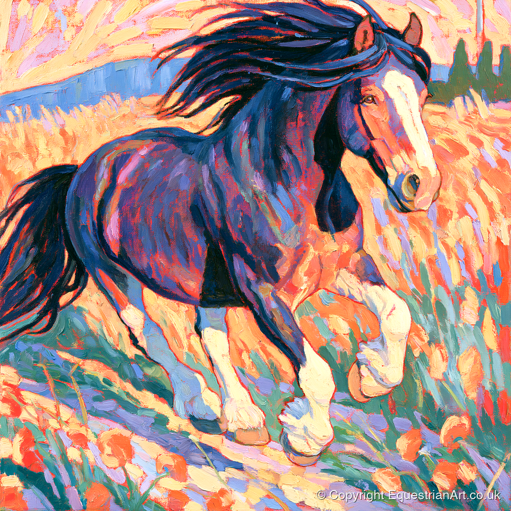 Colourful Cantering Heavy Horse - horse breed art print and canvas by Celia Harding A.I