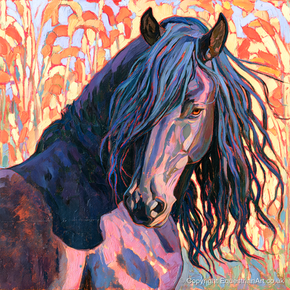 Colourful Friesian Horse Portrait - horse breed art print and canvas by Celia Harding A.I